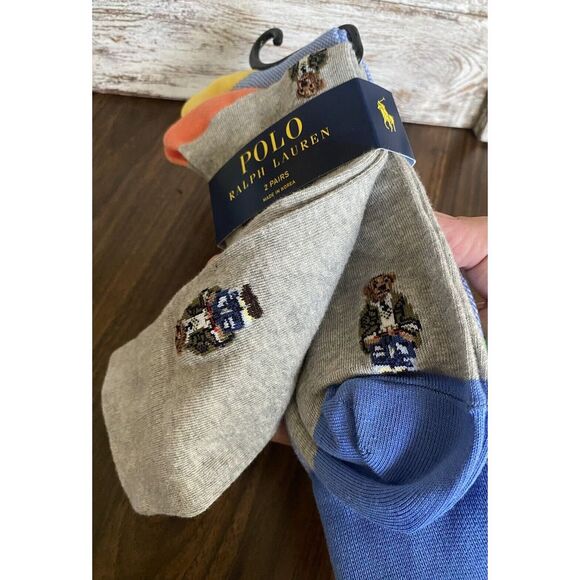 NWT‎ Polo Ralph Lauren Gray All Over Bear & Blue Solid Cotton Blend Socks 2-Pack - Picture 7 of 7